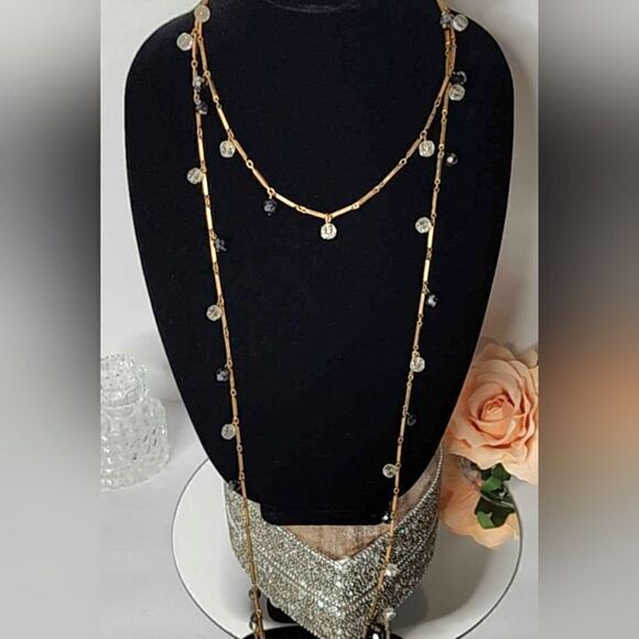 Vintage Gold Lucite floating beaded bar link double necklace - Picture 7 of 14